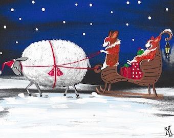 May include: Two corgis pull a white sheep wrapped in red ribbon on a sleigh through a snowy night. The corgi in the front is pulling the sheep, while the corgi in the back is sitting in the sleigh with presents.