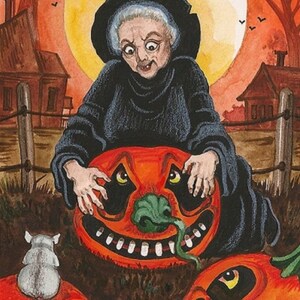 May include: Watercolor illustration of a witch in a black hat and robe, with a carved pumpkin. A full moon and bats are in the background. Two other carved pumpkins and a mouse are in the foreground. The scene evokes Halloween.
