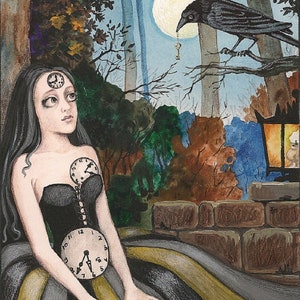 May include: A woman in a black and gold dress with clock faces on her forehead and chest sits in a forest setting. A raven holds a key in its beak, perched on a branch above her. The moon shines brightly in the night sky.