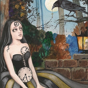 May include: A woman with clock faces on her forehead and chest sits in a forest setting. She wears a black dress with a clock face on the front. A raven holds a key in its beak, perched on a branch above her. The moon shines brightly in the night sky.