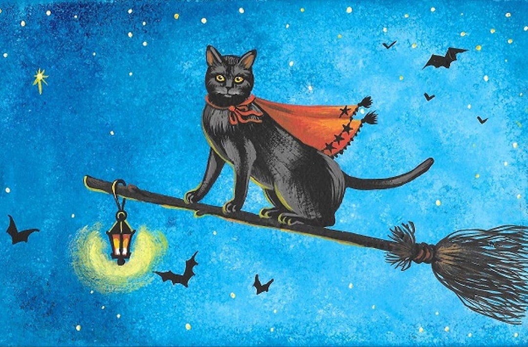 りょうちゃん様予約 絵画「猫の背中にハロウィン／小鳥ブレーメンハロウィン」 4x6 ほうきに乗った猫 RYTA ハロウィン 黒コウモリ 満月 魔女