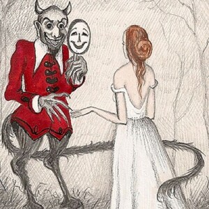 May include: A black-tailed devil with horns and a red jacket holds a mirror with a smiling face. A woman in a white dress stands behind the devil, looking away from the mirror.