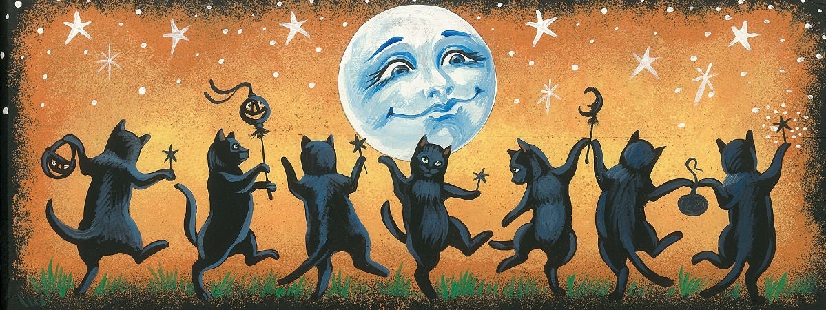 12x4.5 Dance of the Black Cats RYTA Black Cat Full Moon Pagan Witch ...
