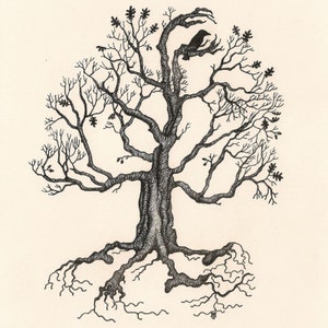 Pode incluir: Um desenho a tinta preta e branca de uma árvore nua com um pássaro empoleirado em um galho. A árvore tem muitos galhos e um tronco grosso com raízes detalhadas.