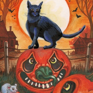 5.25 x 8.25 Halloween In the Pumpkin Patch RYTA black cat cats bats great jack o lantern Autumn Fall office design decor decoration farm