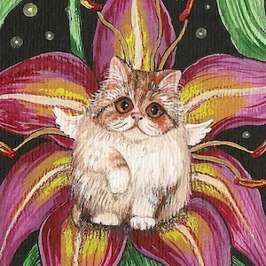 May include: A white and brown fluffy kitten with wings sits inside a pink and yellow lily flower. The flower has a dark green stem and leaves. The background is black with white dots.