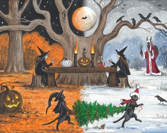 11x14 Samhain RYTA print Halloween Christmas black cat witch pumpkin crow Krampus Winter Autumn interior home art design decor decoration