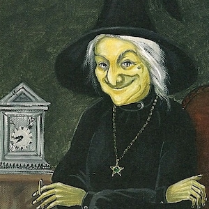 May include: A painting of a witch wearing a black hat and white hair. She is dressed in a black gown with a gold chain and a green star pendant. She is holding a set of keys in her hand.