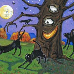 May include: A spooky tree with three eyes and a wide grin stands in a dark forest.  Three black cats surround the tree, one looking up at the tree, one looking away, and one looking at the viewer.  A full moon with a face shines in the night sky.