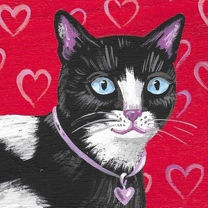 May include: A black and white cat with blue eyes and a pink nose, wearing a pink collar with a heart pendant. The cat is set against a red background with white hearts.