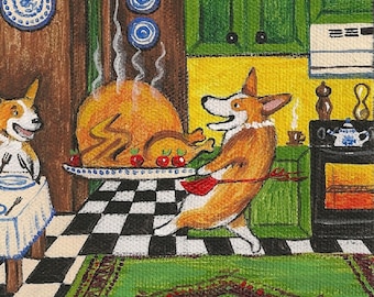 May include: Two cartoon dogs in a kitchen setting. One dog is carrying a platter with a roasted turkey on it. The other dog is sitting at a table with a plate and fork. The kitchen has a black and white checkered floor, a green rug, and a green cabinet.