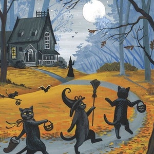 4x6 To The Witch's House We Go Halloween Black Cat Ryta witch haunted Artist Direct spooky Vintage Style Autumn Fall Seasonal home decor