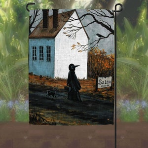 Salem RYTA 2 sided linen Garden Flower Bed Flag Halloween Lawn Ornament 12x18 witch trial black cat Autumn House ART injustice Church Fall