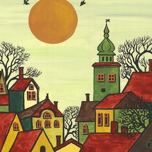 5x7 Red Roofs RYTA Abstract print of painting Cityscape village European town vintage style office interior home decor decoration design