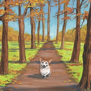 Könnte beinhalten: Ein brauner und weißer Corgi-Hund geht einen Weg in einem Wald entlang. Die Bäume haben orange und gelbe Blätter. Der Weg ist aus Erde und es liegen Blätter auf dem Boden.