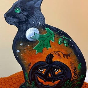 Original OOAK hand painted made Black Cat shelf sitter figurine painting folk art Halloween crow vintage style Ryta moon bird wood wooden