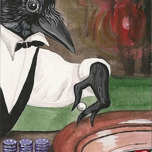 ACEO Roulette RYTA Casino Black Jack Raven Crow Las Vegas Steely Dan Viva interior home house office decor decoration design gambling art