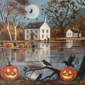 8x10 Wicked Evening RYTA witch Black Cat Haunted Salem moon house art Autumn Halloween folk landscape Halloween print of painting farm lake