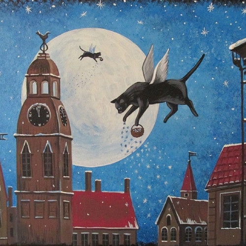 8x10 Nuit Magique à Riga RYTA Lettonie Chat Noir Réveillon de Noël Vacances Hiver saisonnier bureau à domicile intérieur décpr décoration design art mural