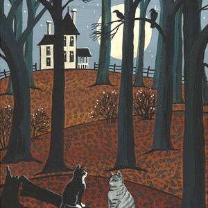 以下が含まれることがあります： 月明かりの夜の森を描いた絵画。2匹の猫が倒れた木の幹の上に座っている。猫たちは互いに見つめ合っている。遠くには白い屋根の黒い家が見える。森は背の高い暗い木々でいっぱいになり、満月が空に輝いている。