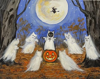 4x6 dancing Black Cats RYTA Halloween witch cat full moon seasonal Autumn decor vintage style folk art ghost print of painting pagan pumpkin