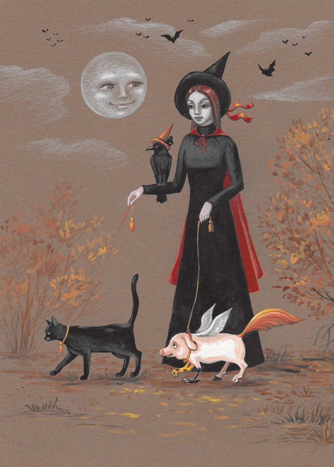 11x14 Walk With the Pets RYTA Halloween Black Cat Mini Pig Teacup Witch ...