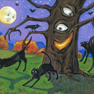 May include: A spooky Halloween scene with a tree with three eyes and a wide grin, a full moon with a face, and four black cats. The tree has gnarled branches and is set against a purple sky with stars.