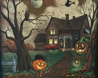 May include: A spooky Halloween scene with a dark brown house, a jack-o-lantern with a toothy grin, a black cat sitting on a pumpkin, and a witch flying on a broomstick in the night sky.