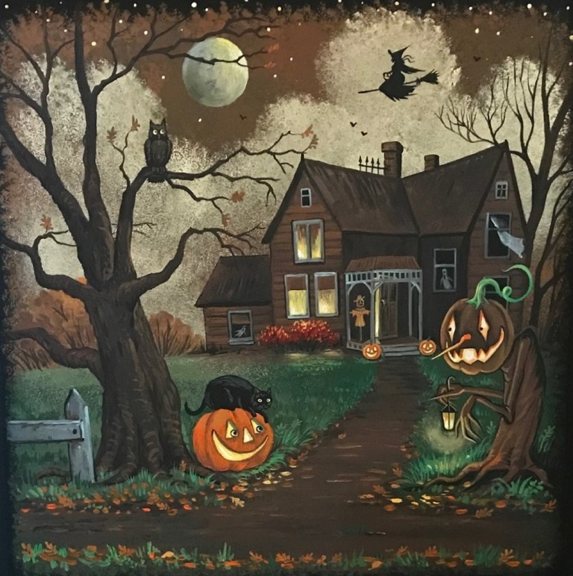 R*U様 【Halloween party】アクリル画 F6 風景画 絵画 Spooky Buddies 11x14 Halloween Black Cat Ryta Print of Original