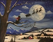 8x10 Thank You For The Scarf Santa RYTA Christmas Winter Holiday Black cat Reindeer vintage style folk art home decor design decoration art