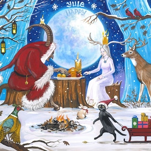 11x14 Happy Yule RYTA Christmas Krampus black cat reindeer solstice cardinal snow owl art Goddess Cailleach interior home decor decoration