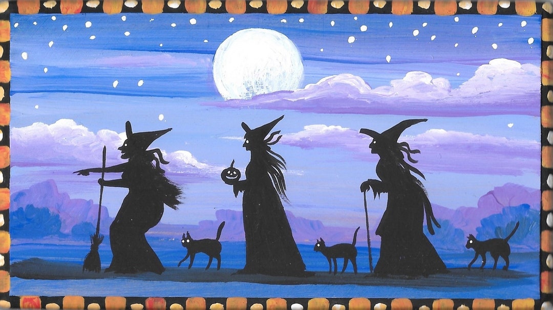 16x9 After Midnight RYTA ART Halloween Witch Black Cat Magic Full Moon ...