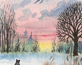 May include: A watercolor painting of a snowy landscape with a black cat sitting in the foreground. The cat is looking up at a flying angel in the sky. The sky is a soft pink and yellow with clouds. There are trees and bushes in the background.