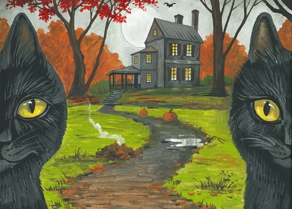 ACEO Invitation RYTA Halloween Black Cat Haunted House Autumn Fall