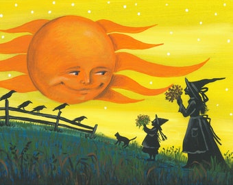 9x12 LITHA RYTA folk ART summer solstice pagan witch black cat Halloween landscape country decor floral flower print of painting magic crow