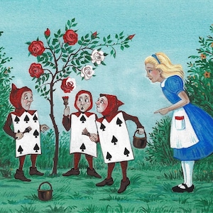 ACEO Red Roses for The Queen RYTA Alice im Wunderland Fairy Tale Rose Spielkarte innen Haus Haus Design Dekor Dekoration Kinder Kunst