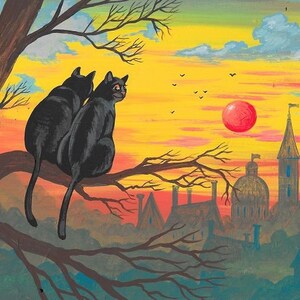May include: Two black cats sit on a branch of a tree, looking out at a red sun setting over a town with tall buildings. The sky is a vibrant yellow, orange, and pink.
