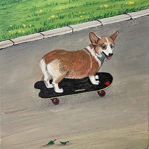 Pintura original 9x12 Pembroke Welsh Corgi cachorro no skate decoração de primavera flores animal de estimação Ryta decoração retrato arte popular verão caminhada