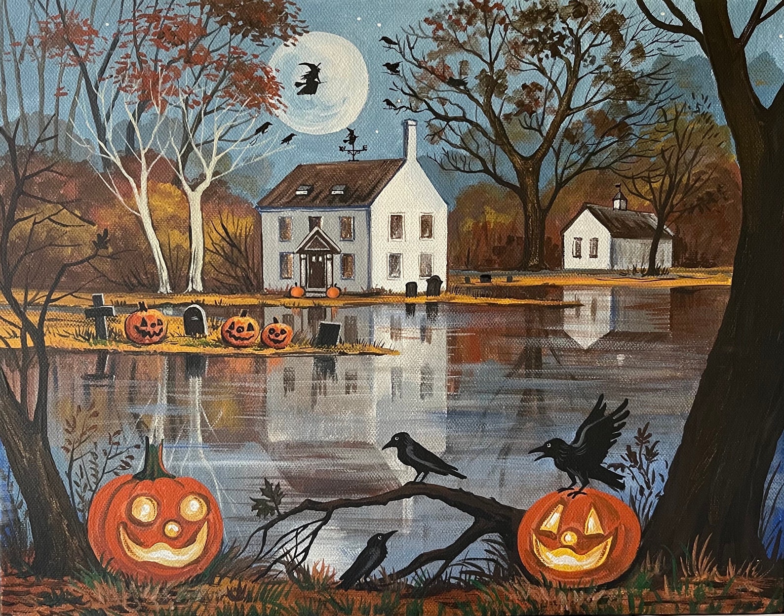 11x14 Wicked Evening RYTA Witch Black Cat Haunted Salem Full Moon House ...