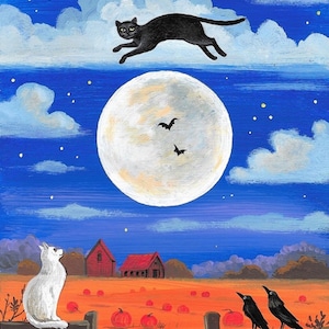 May include: A whimsical painting depicts a black cat leaping across a night sky filled with stars and clouds. A full moon shines above a field with pumpkins, a white cat, and crows perched on a fence. Red barns dot the horizon.