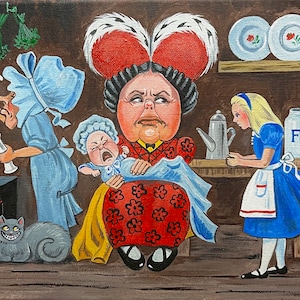 ACEO Ryta Alice im Wunderland Volkskunst Märchen Illustration England Grinsekatze Zu viel Pfeffer in der Suppe Kunstdruck Malerei Küchen Spaß