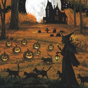 8x8 Moonlight Stroll RYTA Halloween full moon witch black cats cat landscape haunted spooky scary farm interior home house design decor