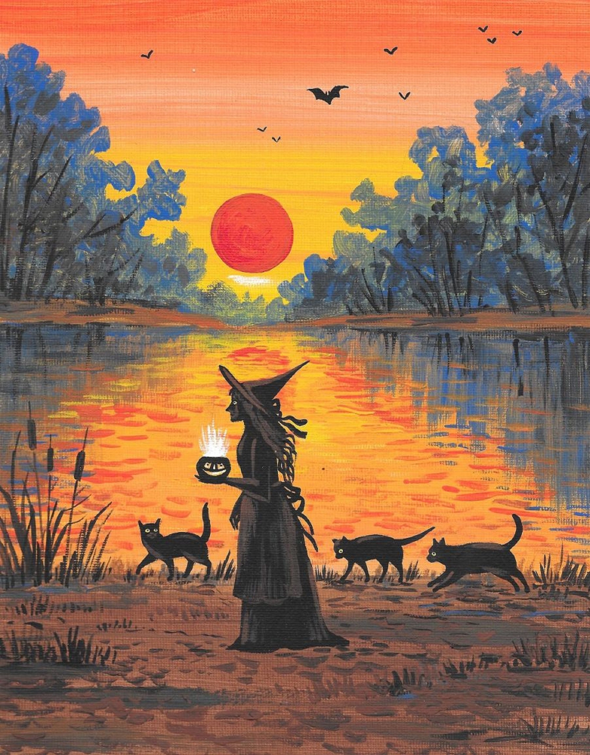 11x14 Magic of the Sunset RYTA Halloween Witch Black Cat Cats