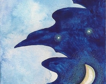 May include: A watercolour painting depicting a night sky. Dark blue, bird-like forms with glowing white stars and a crescent moon against a light blue, cloudy backdrop. The artwork creates a sense of mystery and wonder.