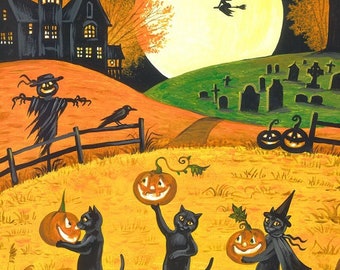 5x7 Jack Jill and JOL RYTA ART Halloween black cat witch Haunted House full moon Autumn Fall decor design decoration interior home house