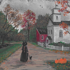 18x18 Salem witch Black Cat Ryta Halloween Trial Landscape Injustice vintage style folk art Horror Haunted Church House village spooky scary