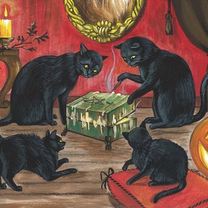May include: Four black cats gather around a green box with a pentagram on top. The cats are in a dimly lit room with a red wall and a pumpkin with a carved face. One cat is holding a match to a candle on the box.