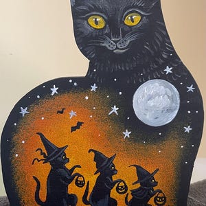Original OOAK hand painted made Black Cat shelf sitter figurine painting folk art Halloween crow vintage style Ryta moon bird wood wooden