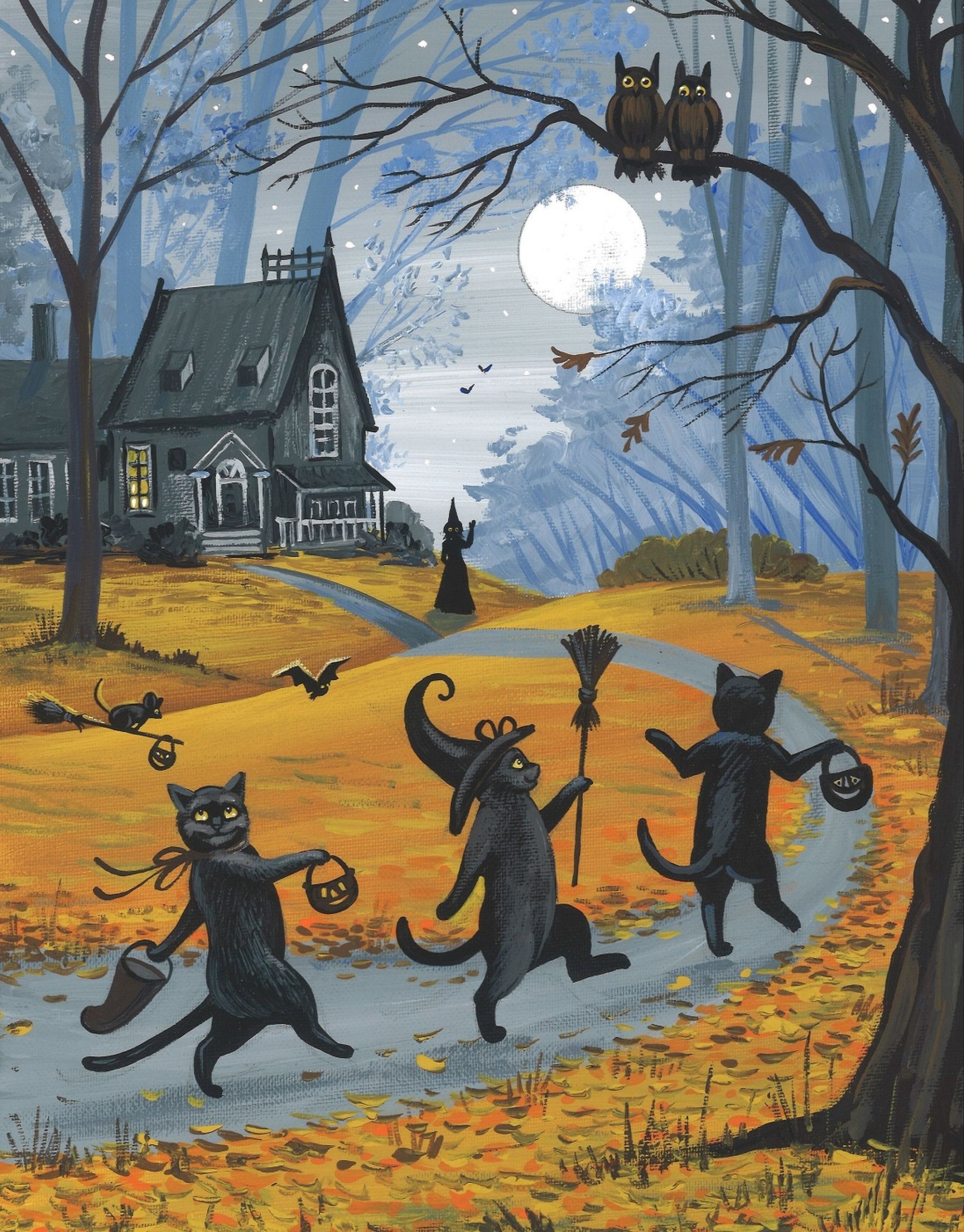 11x14 to the Witch's House We Go Halloween Black Cat Ryta Witch Haunted ...