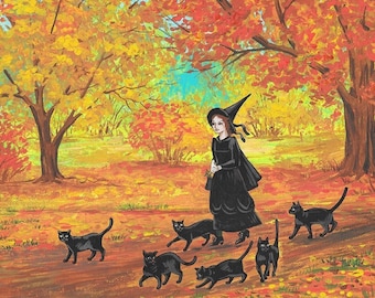May include: A young witch in a black dress and pointed hat walks through a forest with a basket in hand, followed by a group of black cats. The trees are painted in shades of orange, yellow, and red, creating a vibrant autumn scene.